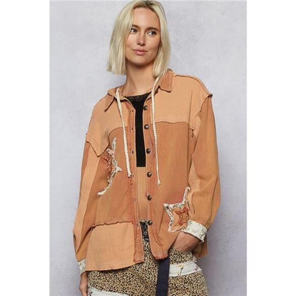 POL Button Down Hooded Jacket with with Star Patch Pattern - Picture 2 of 5